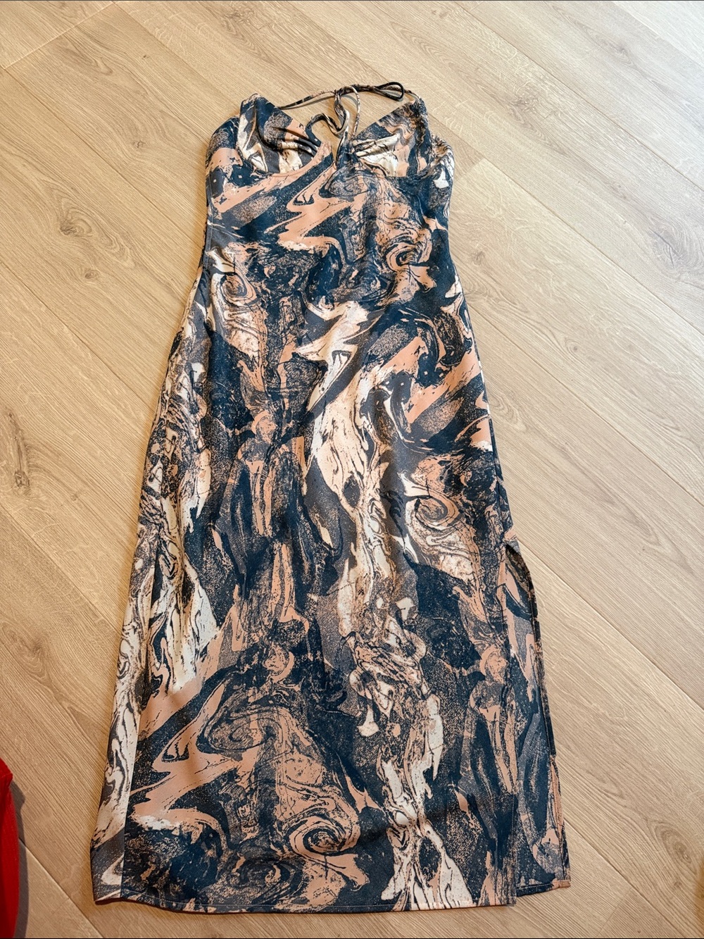 Abstract Marble Print Halter Dress in Peach and Navy